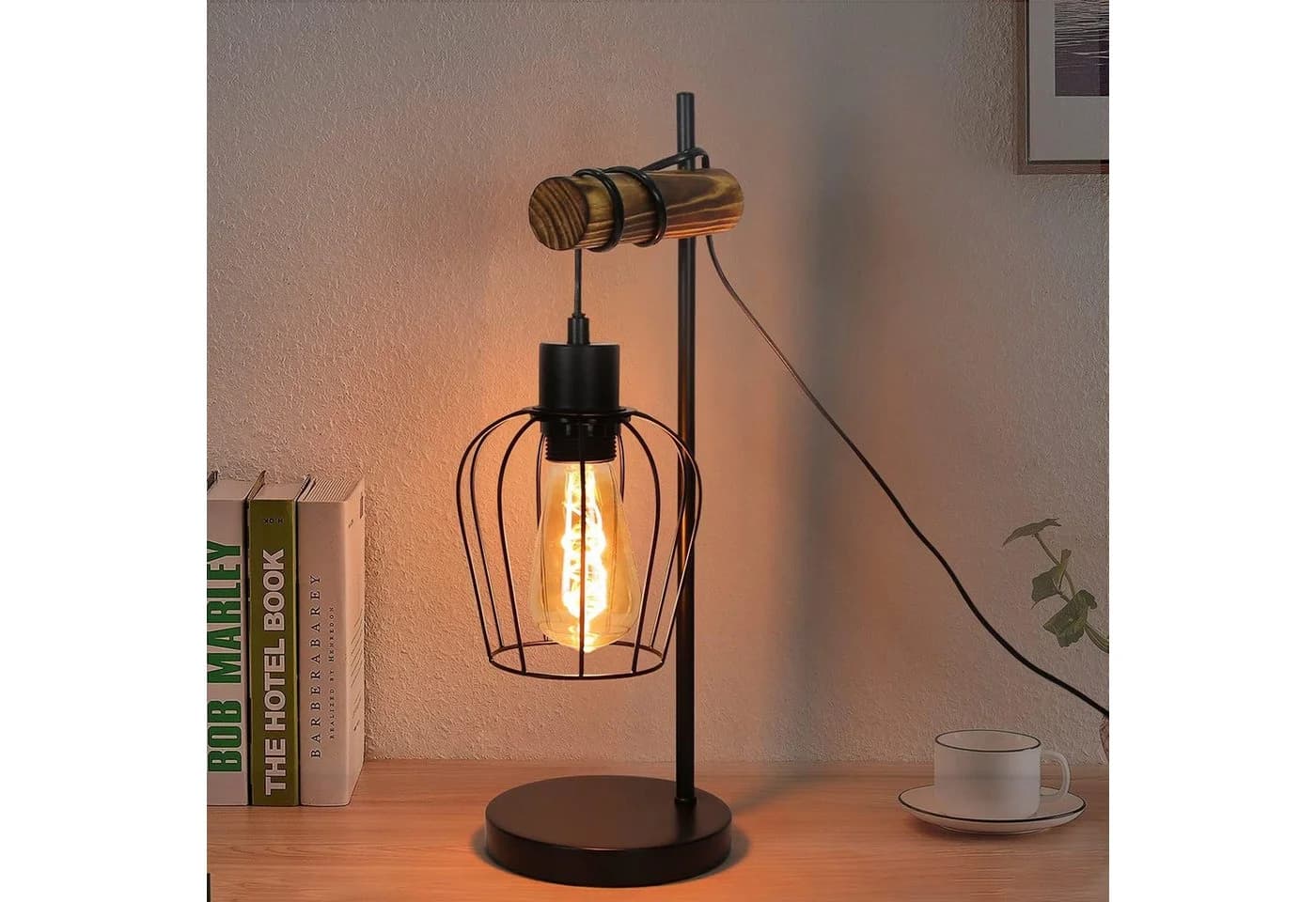 ZMH Tischleuchte Retro Schwarz-Holz Industrial Design E27