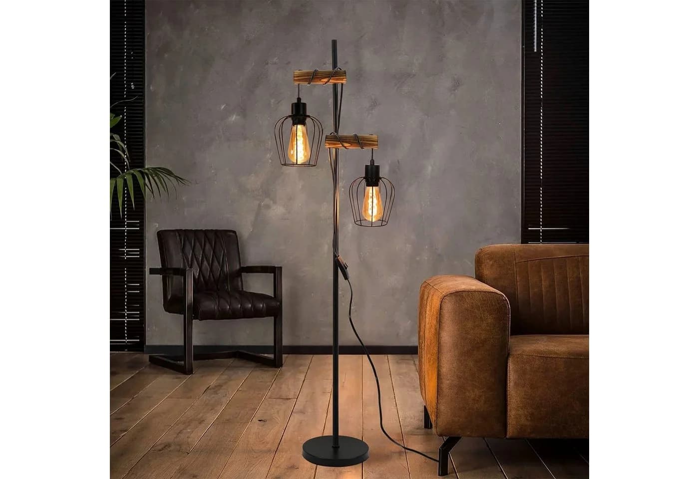 ZMH Stehlampe Vintage 150 cm Schwarz Metall und Holz Industrial