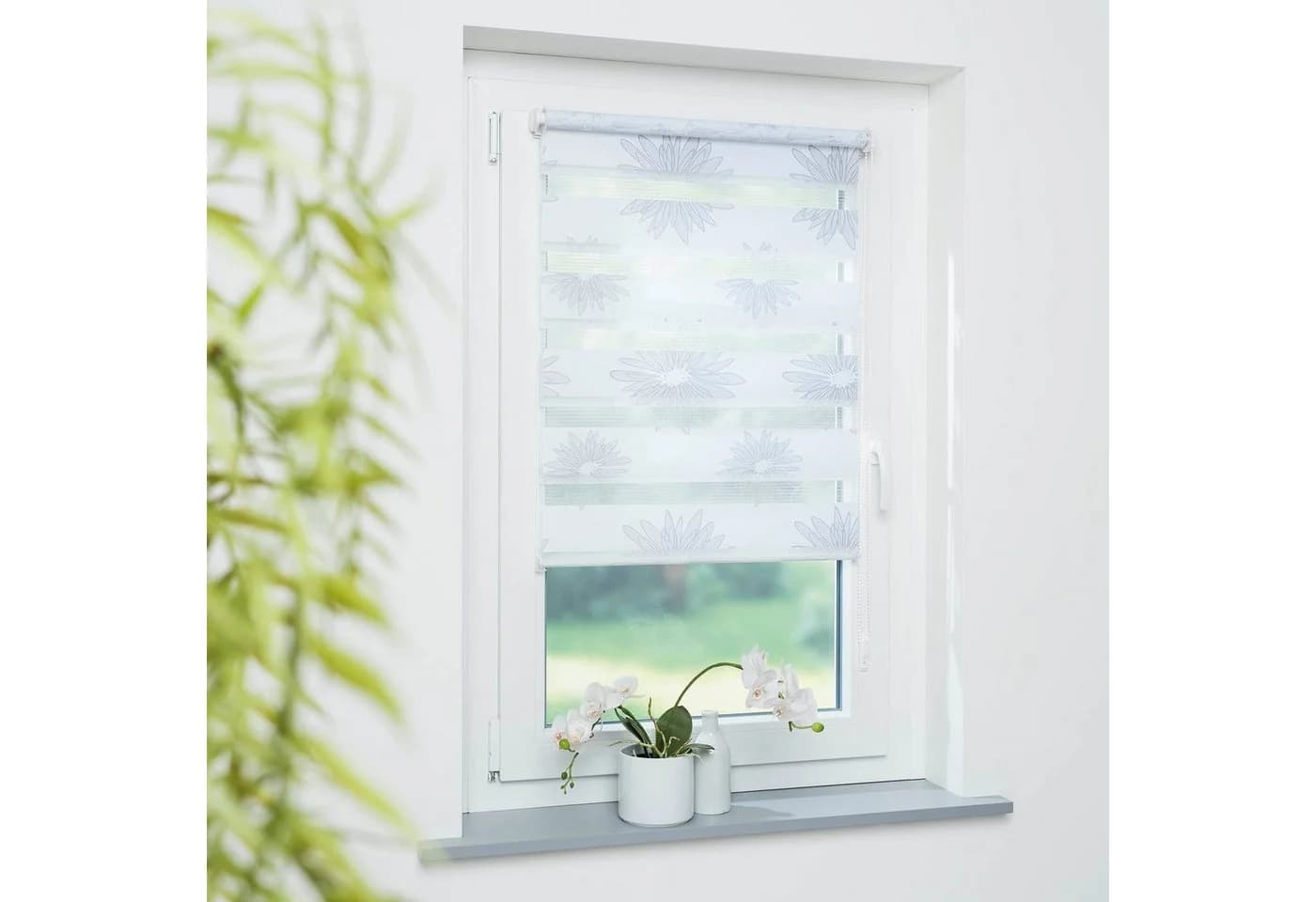 GARESA Doppelrollo Blüte Grau Weiß Klemmfix Kettenzug - Bild 2