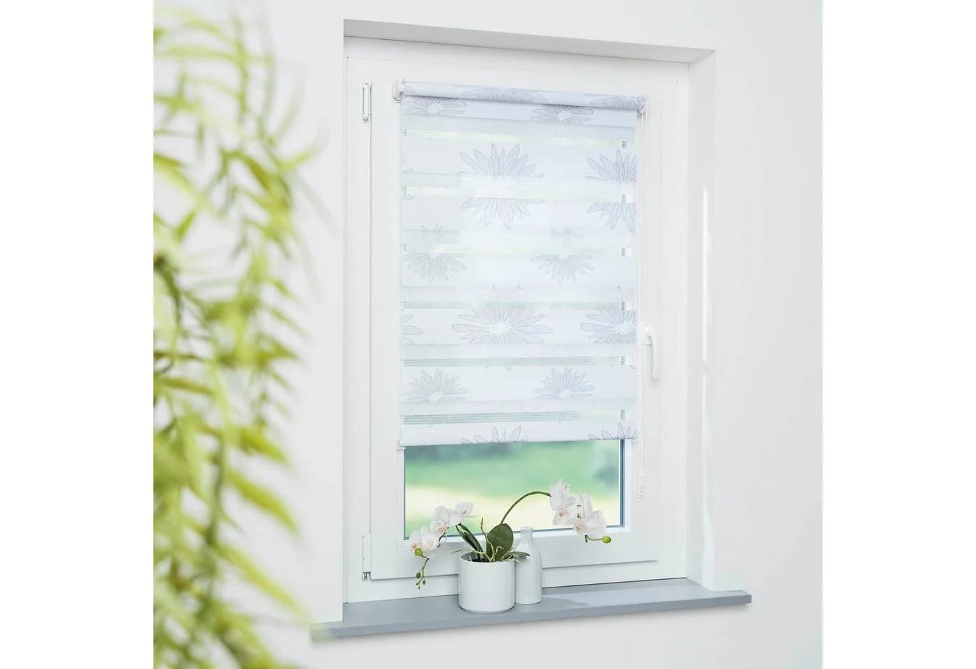 GARESA Doppelrollo Blüte Grau Weiß Klemmfix Kettenzug - Bild 4