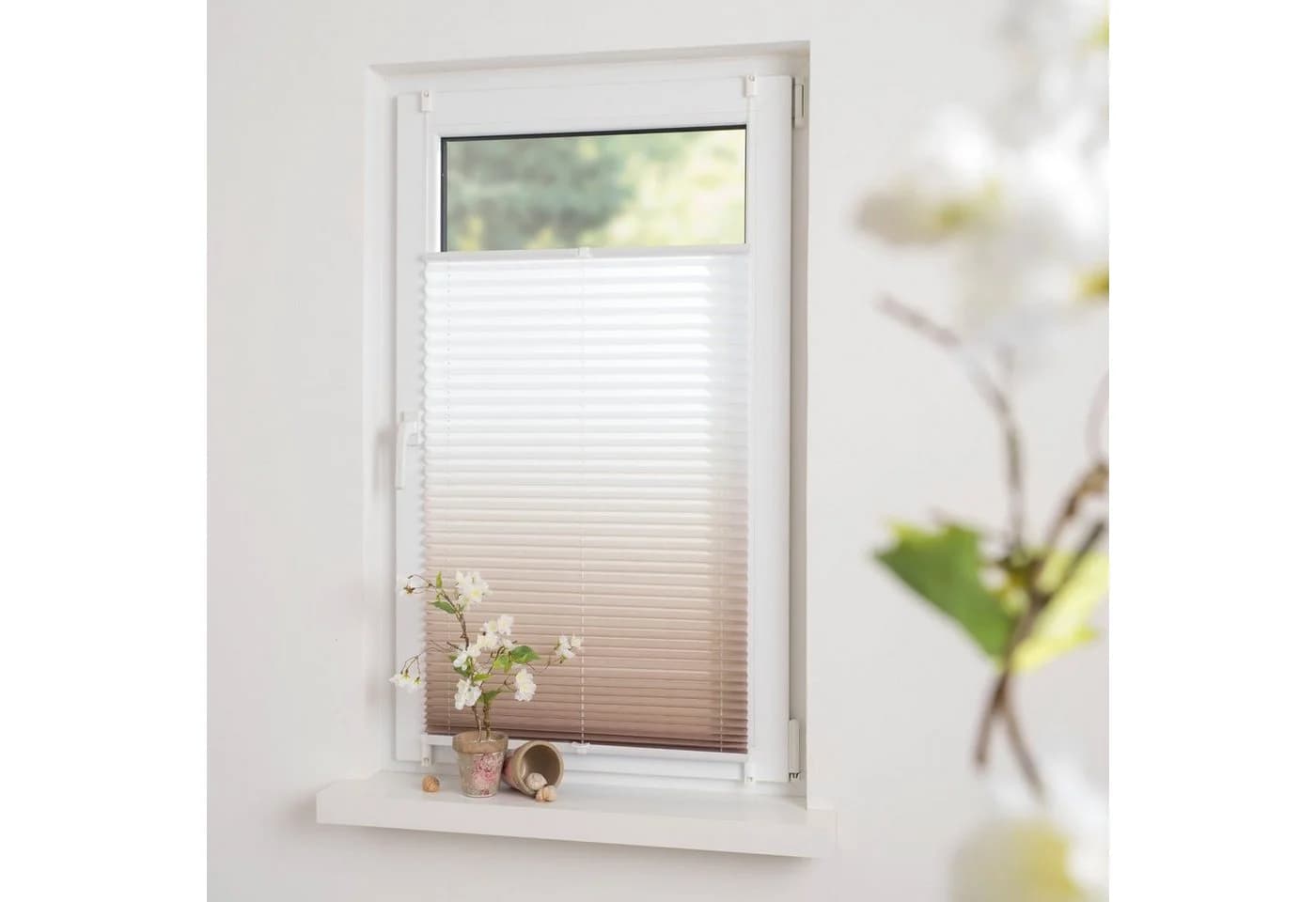 Garesa Plissee Farbverlauf Braun Weiß Klemmfix 100% Polyester - Bild 2