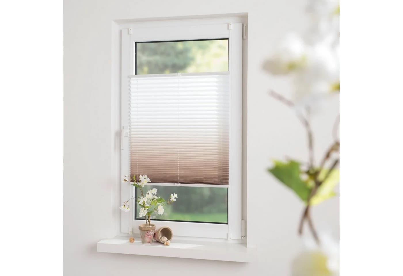 Garesa Plissee Farbverlauf Braun Weiß Klemmfix 100% Polyester - Bild 5