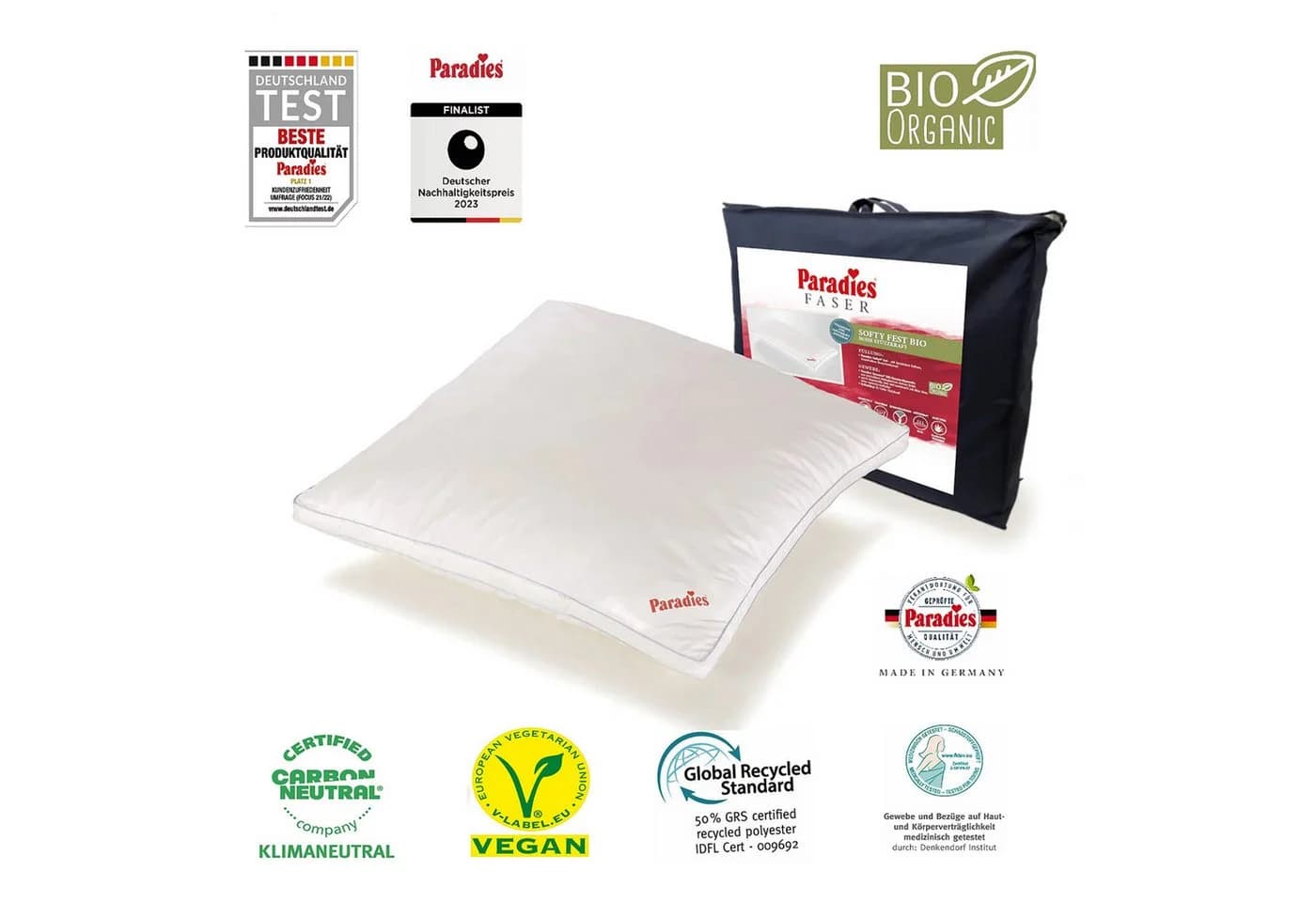Paradies Kopfkissen Softy Bio fest 80x80 cm Weiß