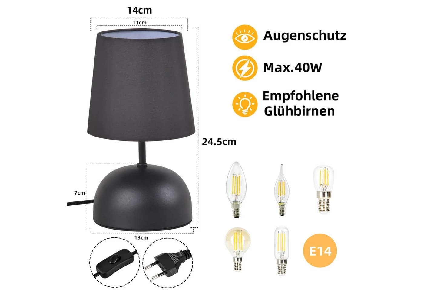 ZMH Tischleuchte Wohnzimmer 2ER Set Schwarz Stoff Schreibtischlampe - Bild 3