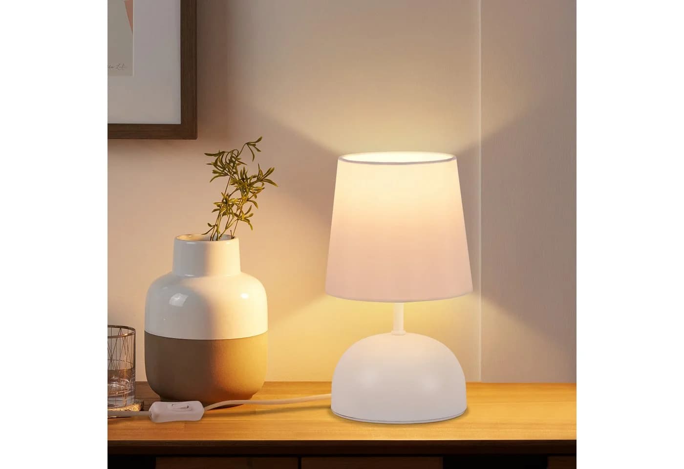 ZMH Tischleuchte Wohnzimmer 2ER Set Weiß Stoff Schreibtischlampe