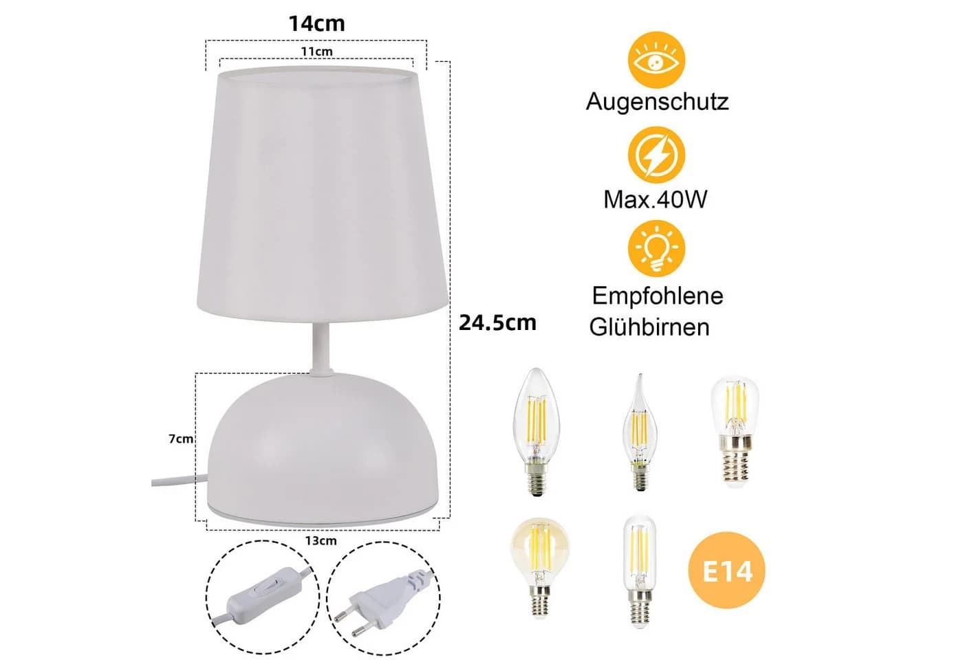 ZMH Tischleuchte Wohnzimmer 2ER Set Weiß Stoff Schreibtischlampe - Bild 3