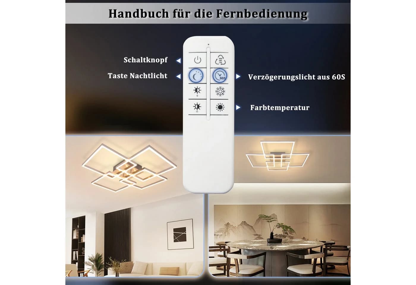 ZMH LED Deckenleuchte 72cm Schwarz/Silber Rechteckig Dimmbar 48W - Bild 4
