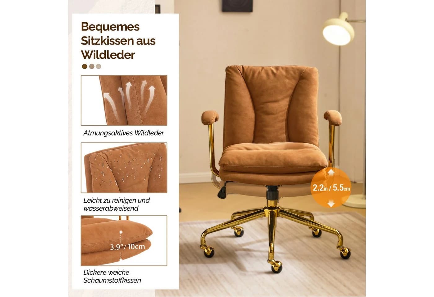 VINGLI Bürostuhl Ergonomisch Gold Armlehnen Chefsessel - Bild 3