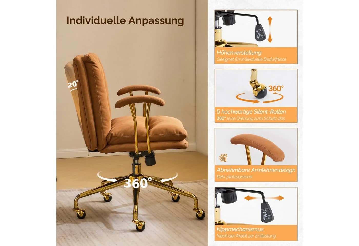 VINGLI Bürostuhl Ergonomisch Gold Armlehnen Chefsessel - Bild 5