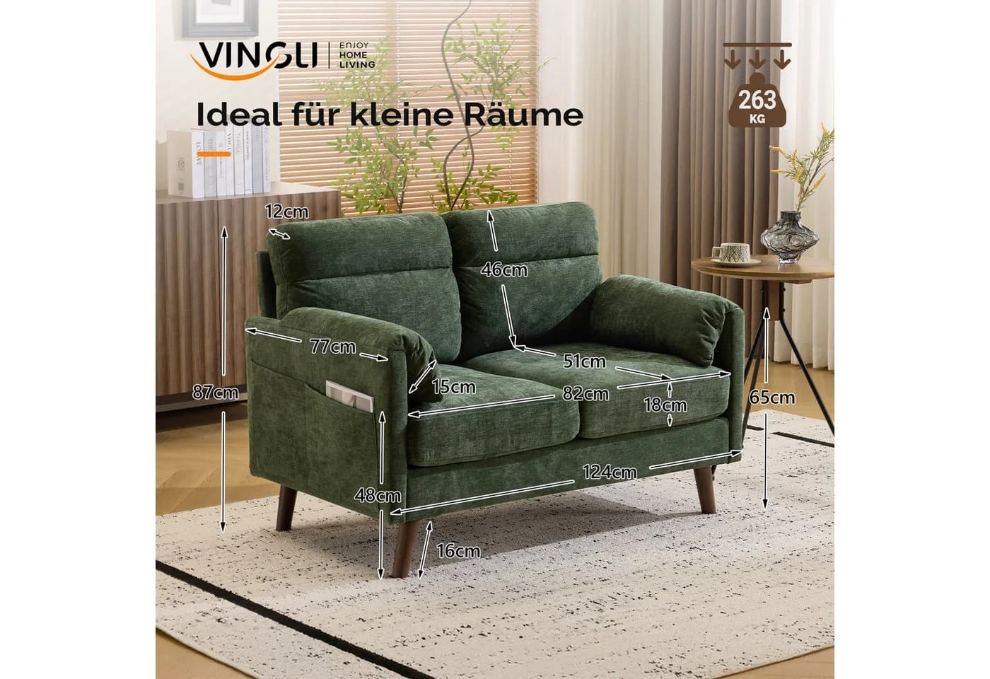 VINGLI 2-Sitzer Sofa Grün mit Elefantenohr-Armlehnen - Bild 3