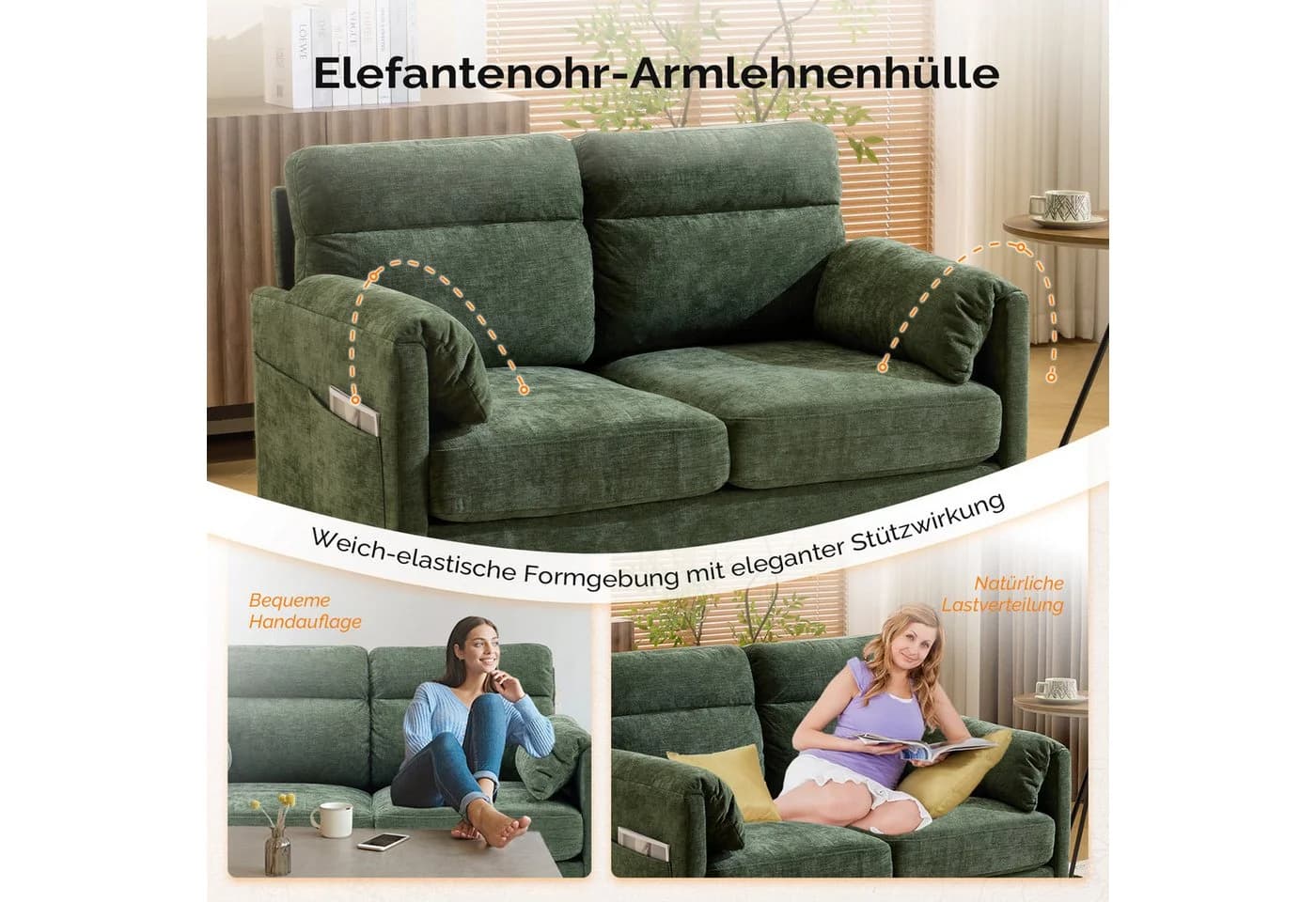 VINGLI 2-Sitzer Sofa Grün mit Elefantenohr-Armlehnen - Bild 5
