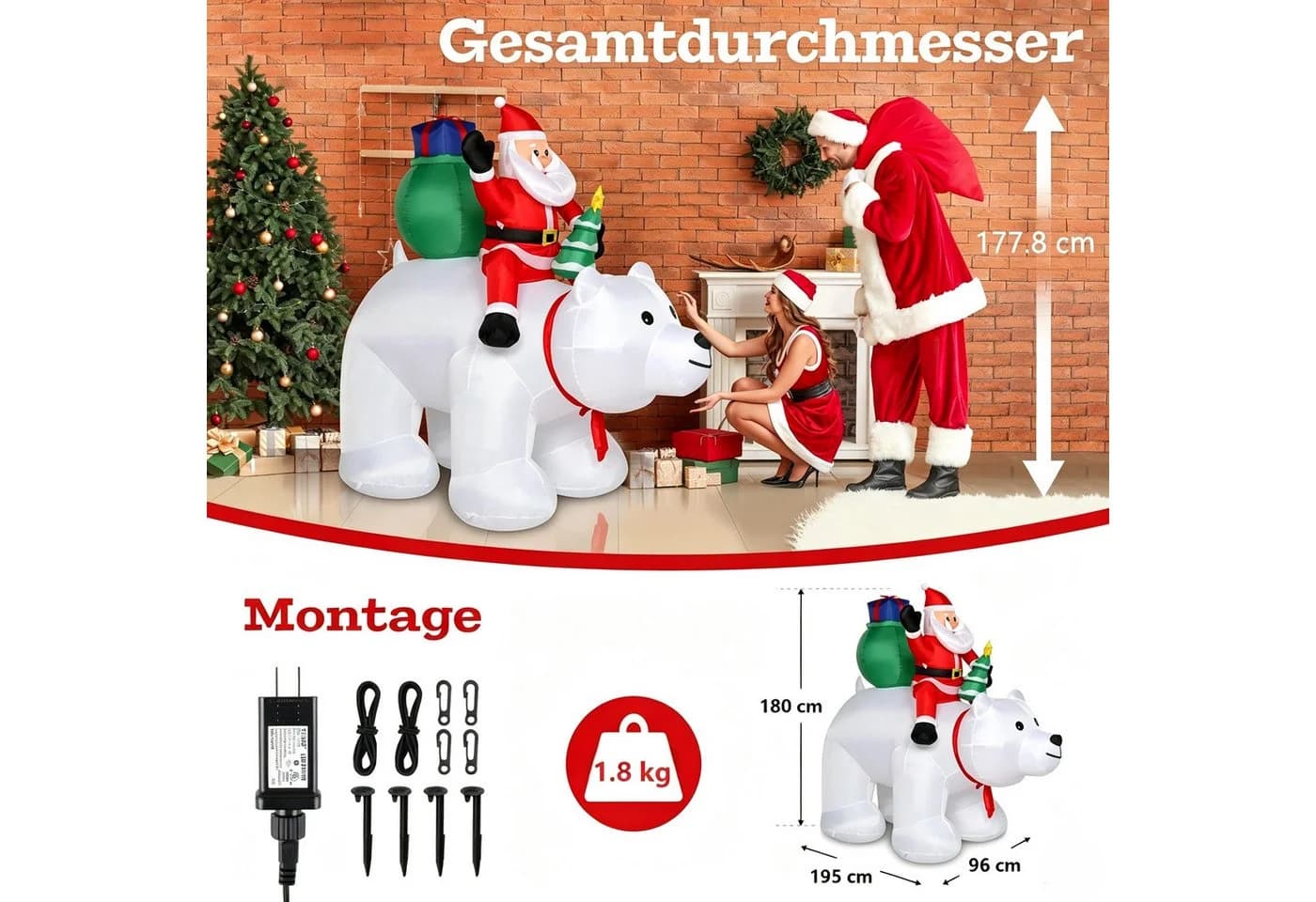 VINGLI Aufblasbare Weihnachtsfigur Wetterfest 180 cm mit LEDs