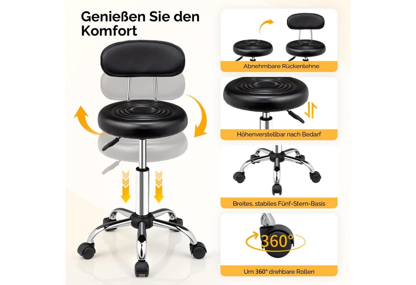 VINGLI Rollhocker mit abnehmbarer Lehne, höhenverstellbar, schwarz
