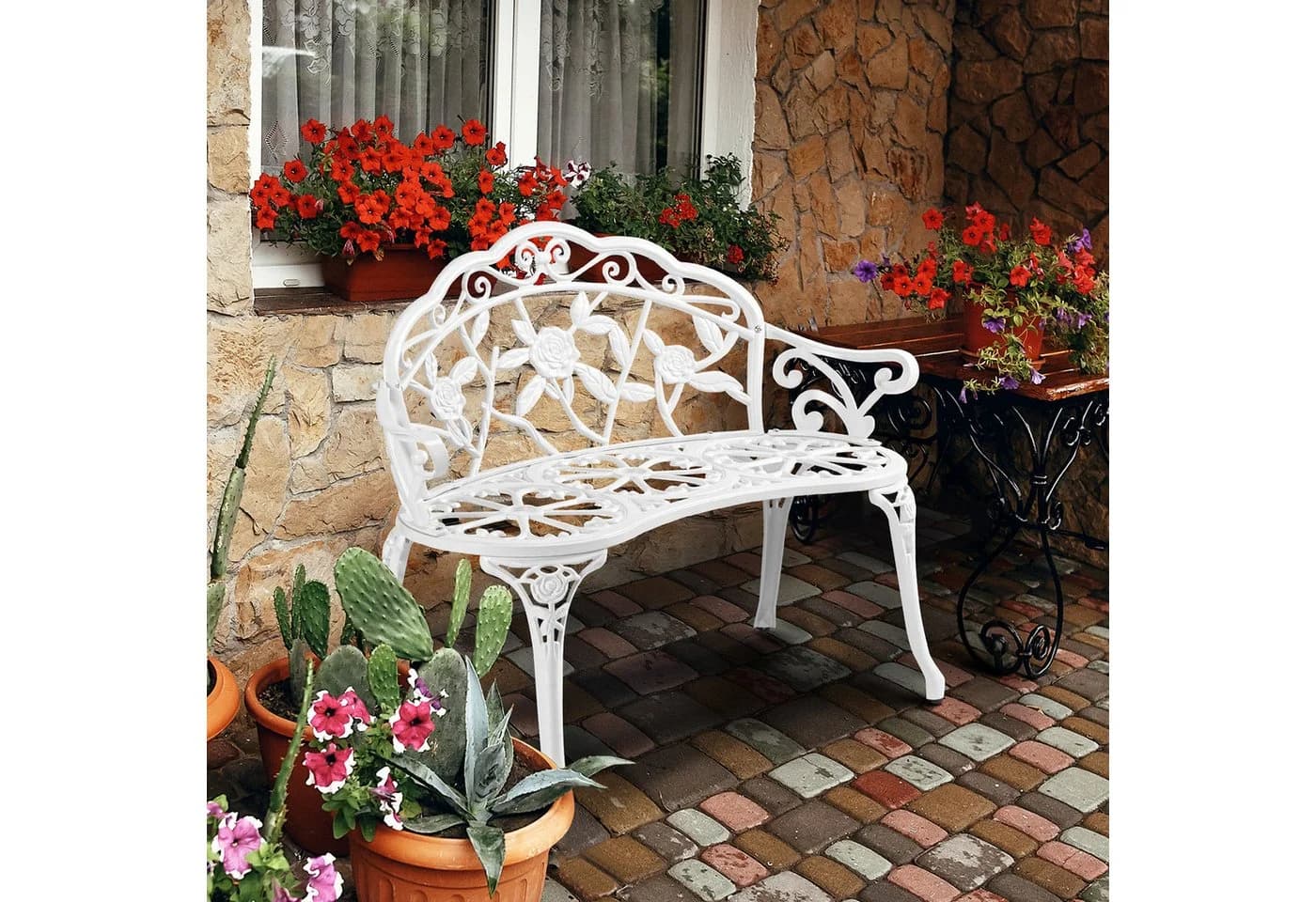 VINGLI Gartenbank Aluminium Weiß Rosenmuster 2-Sitzer