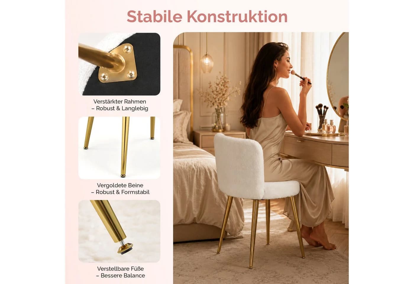 VINGLI Polsterstuhl Schminkstuhl Weiß Teddyplüsch - Bild 5