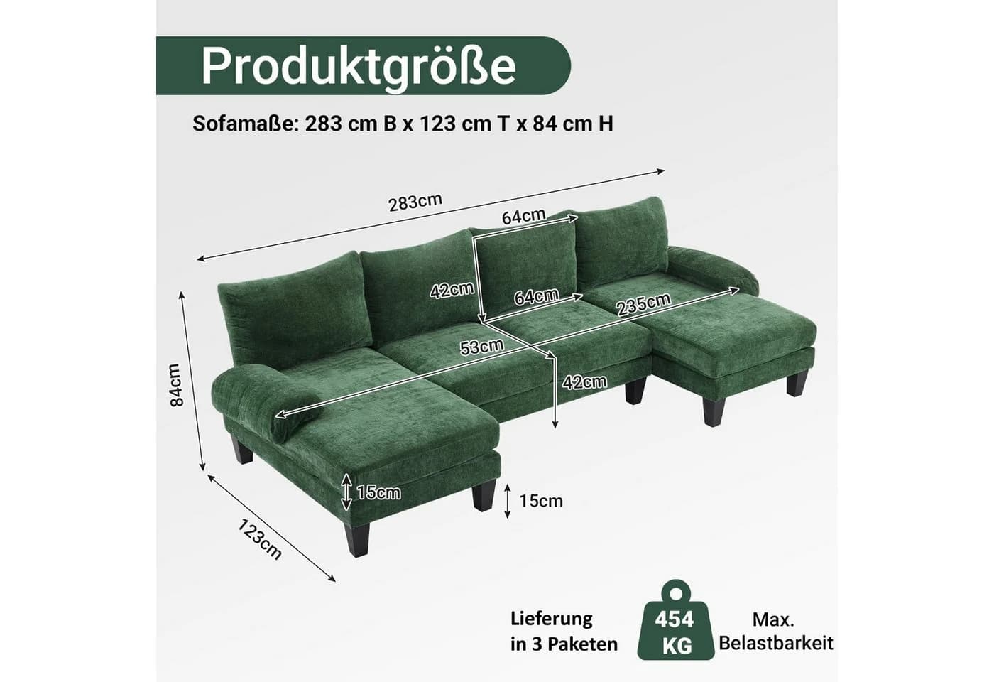 VINGLI Ecksofa U-Form mit Chaiselongue Chenille Grün/Schwarz