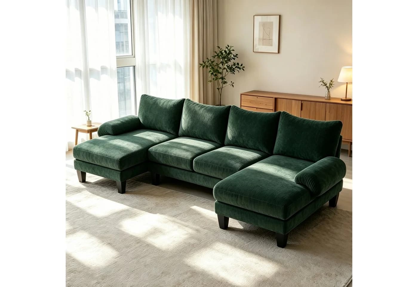 VINGLI Ecksofa U-Form mit Chaiselongue Chenille Grün/Schwarz - Bild 2
