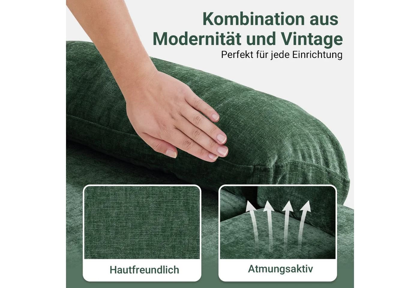 VINGLI Ecksofa U-Form mit Chaiselongue Chenille Grün/Schwarz - Bild 3