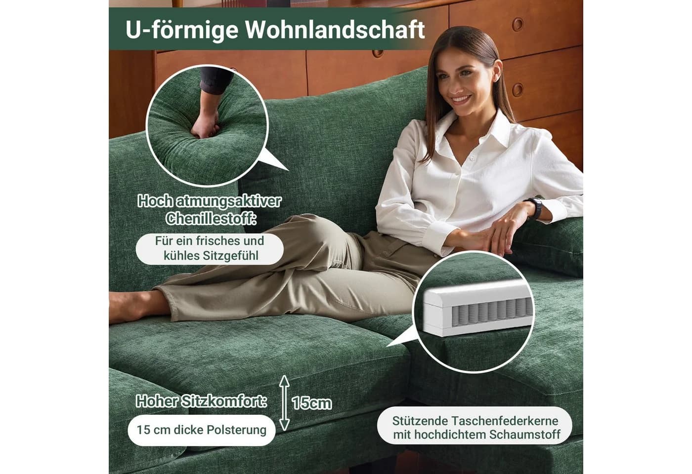 VINGLI Ecksofa U-Form mit Chaiselongue Chenille Grün/Schwarz - Bild 4