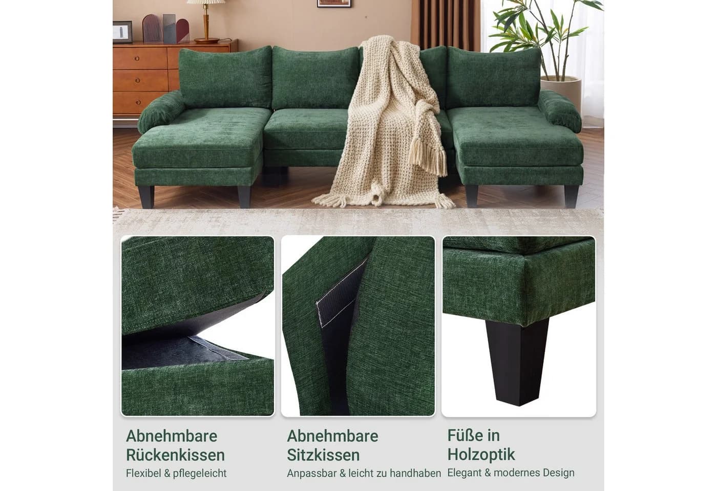 VINGLI Ecksofa U-Form mit Chaiselongue Chenille Grün/Schwarz - Bild 5