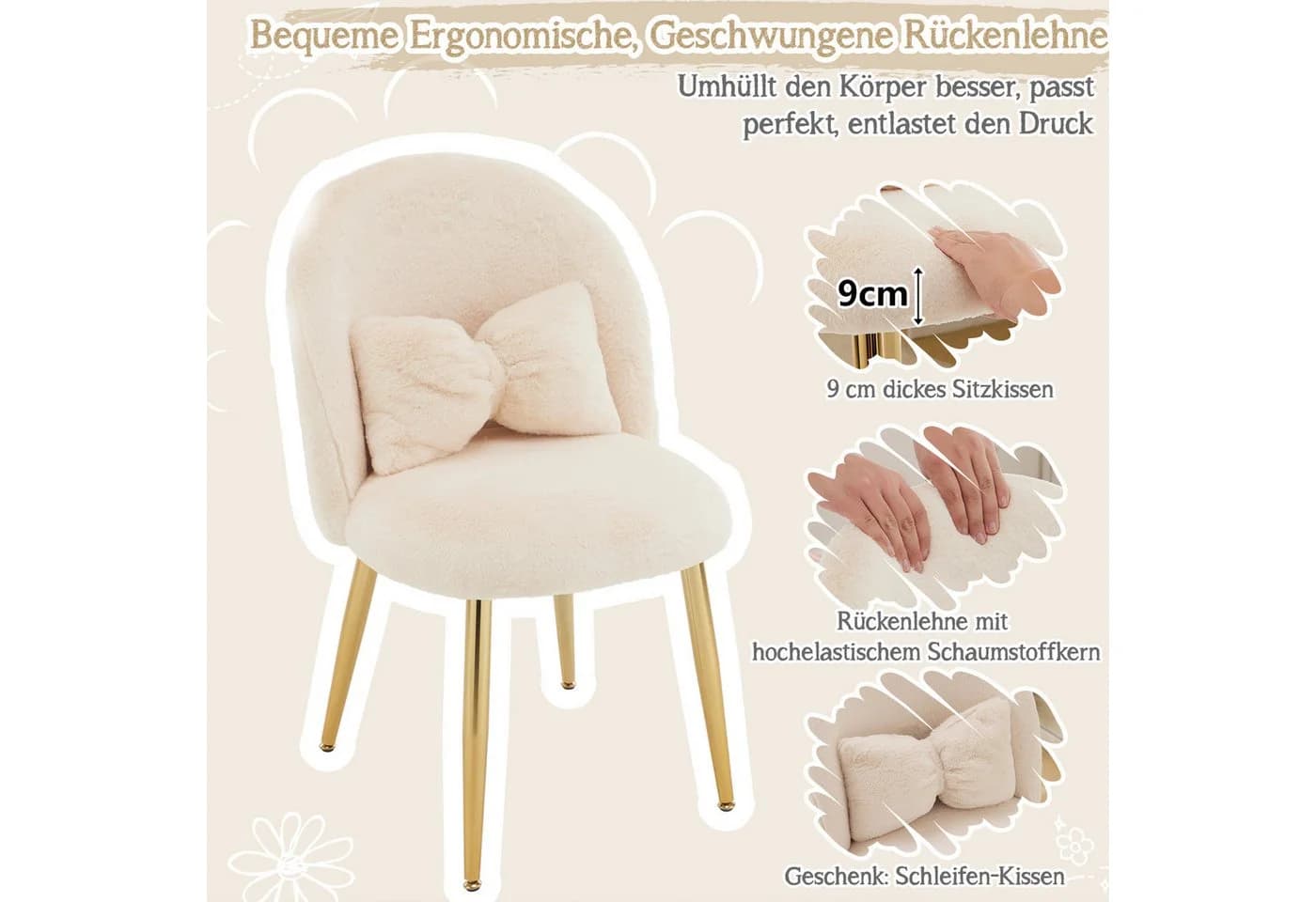 VINGLI Polsterstuhl Beige Teddy-Stoff mit Schleifenkissen - Bild 4
