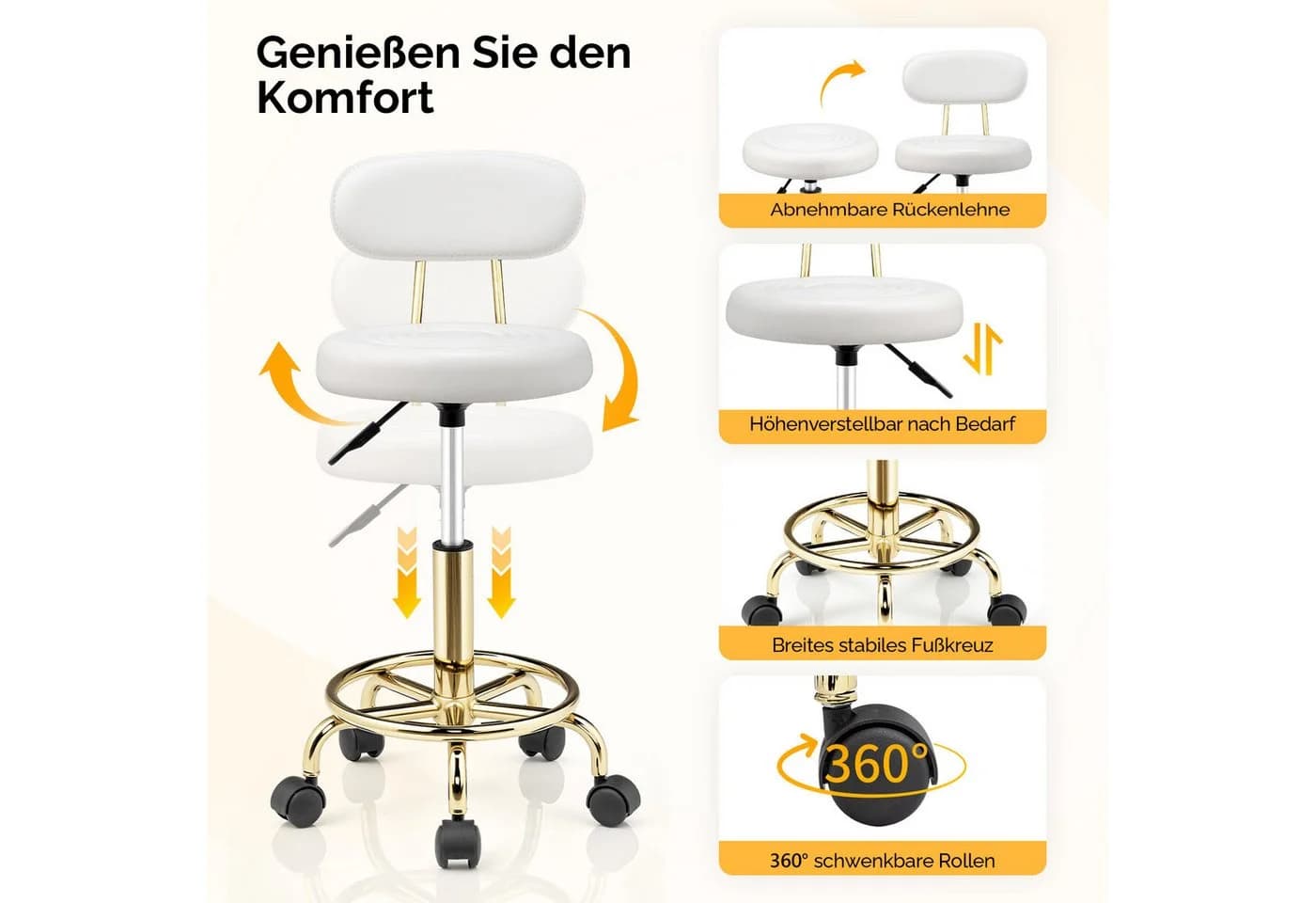 VINGLI Rollhocker Höhenverstellbar mit Lehne 360° Drehbar Gold
