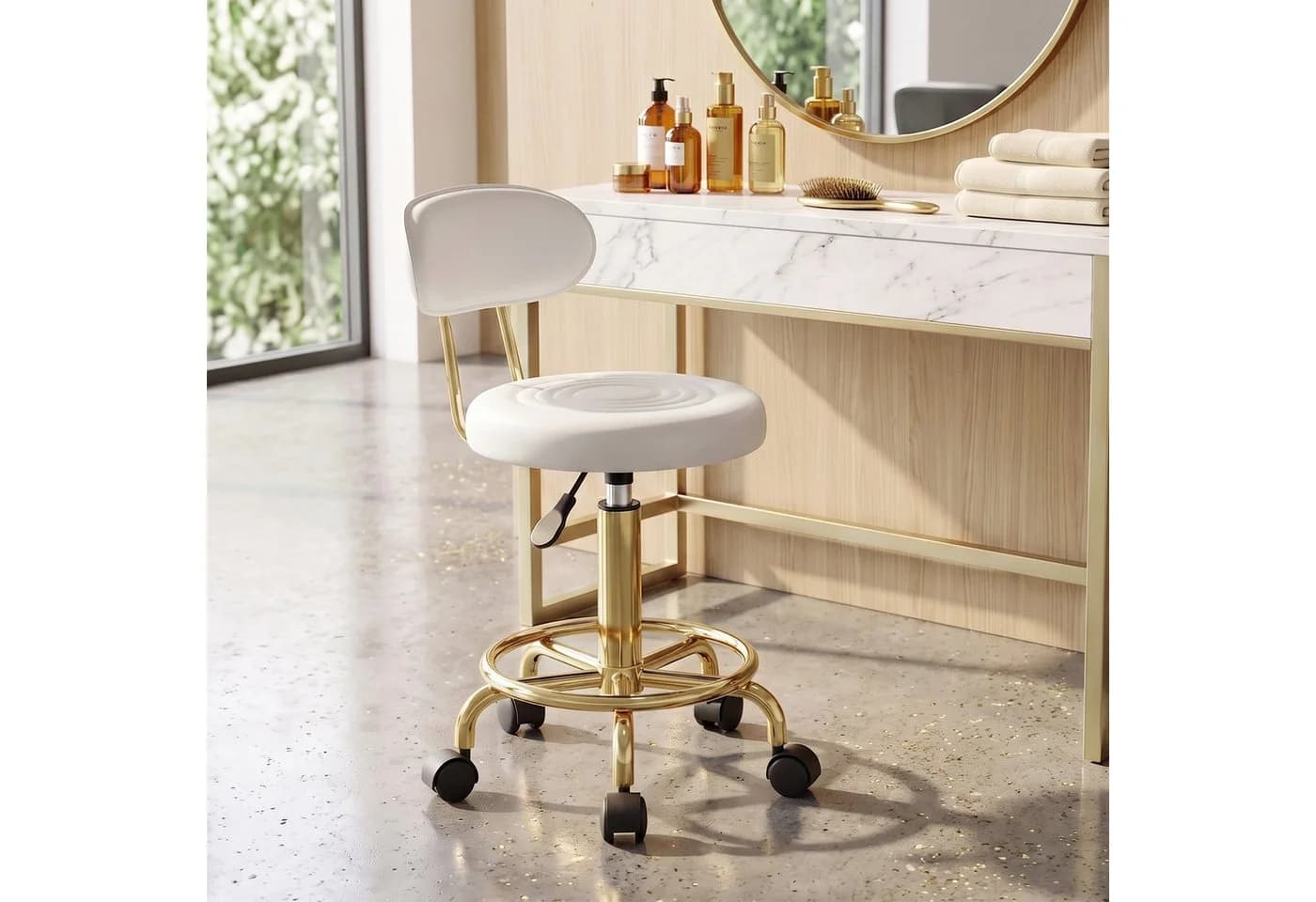 VINGLI Rollhocker Höhenverstellbar mit Lehne 360° Drehbar Gold - Bild 3
