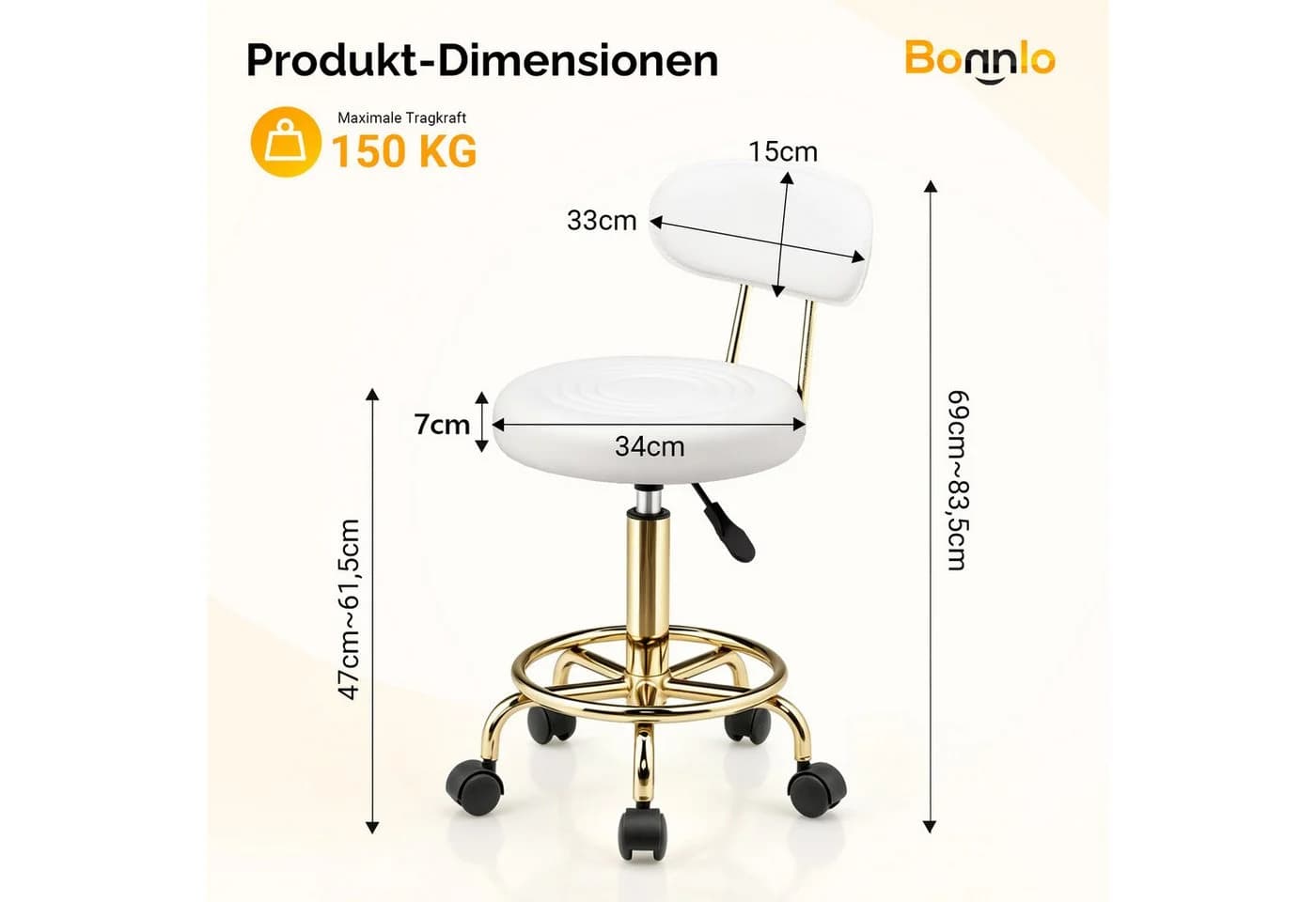 VINGLI Rollhocker Höhenverstellbar mit Lehne 360° Drehbar Gold - Bild 4