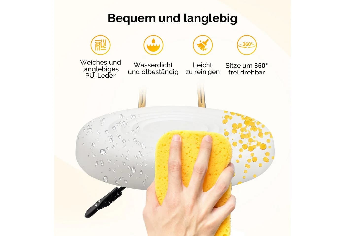 VINGLI Rollhocker Höhenverstellbar mit Lehne 360° Drehbar Gold - Bild 5