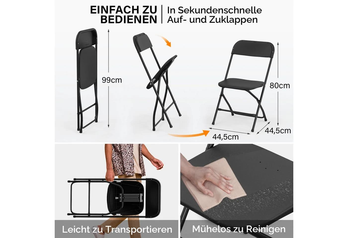 VINGLI Klappstuhl-Set 2er/4er/6er/8er/10er/12er Schwarz/Weiß/Transparent Kunststoff - Bild 3