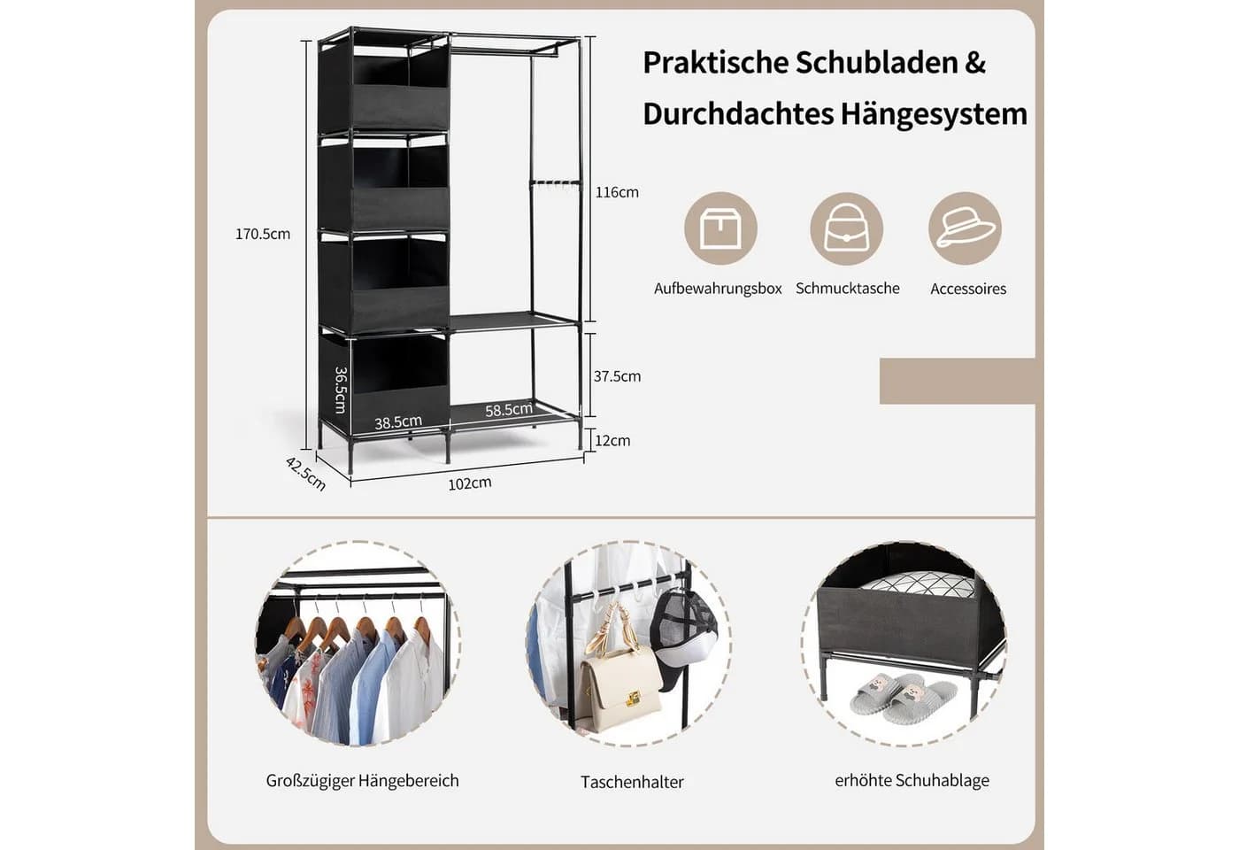 VINGLI Stoffschrank offen mit Kleiderstange & Ablagen - Bild 3