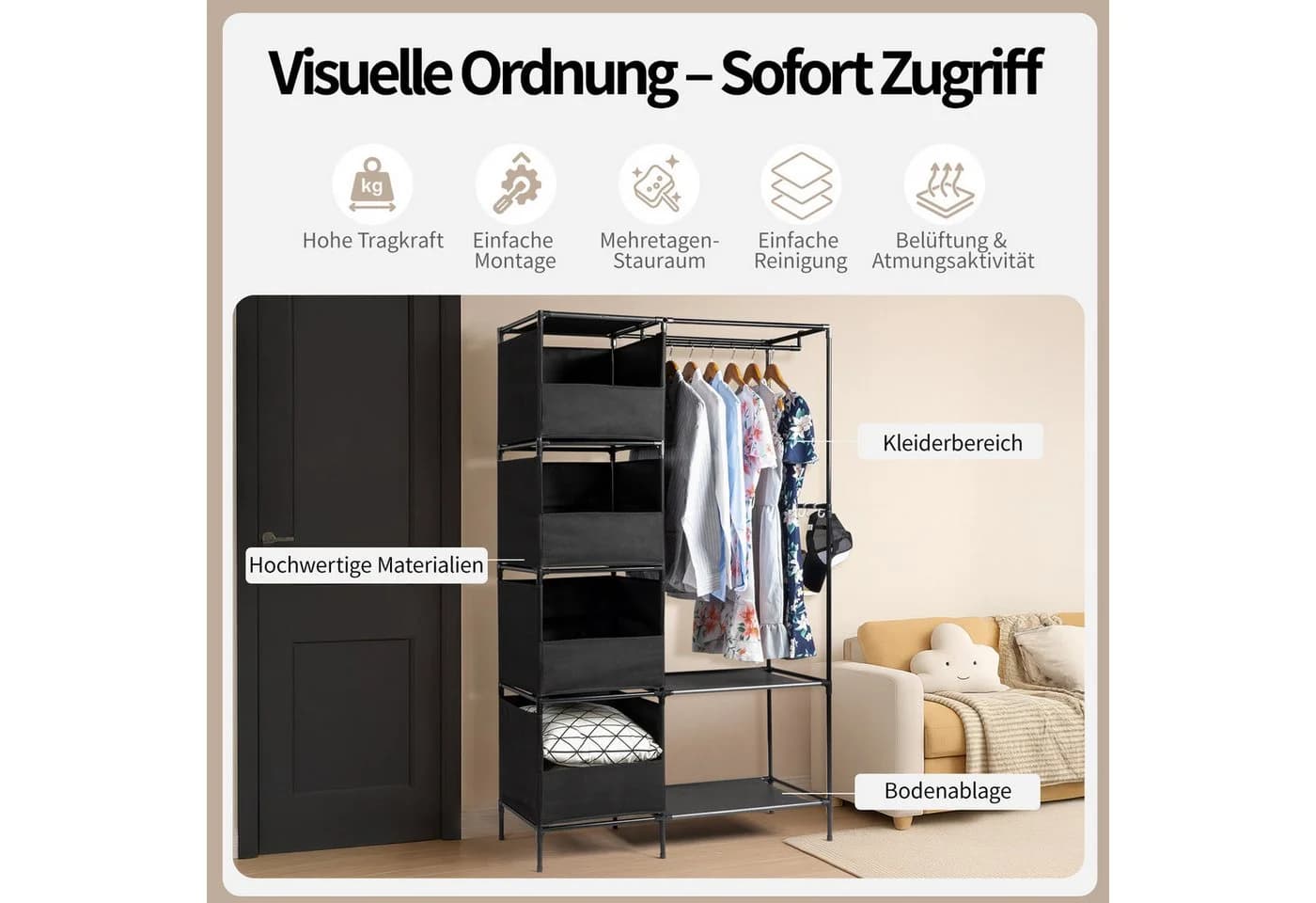 VINGLI Stoffschrank offen mit Kleiderstange & Ablagen - Bild 4
