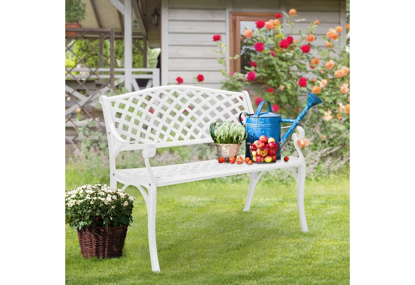 VINGLI Gartenbank Sitzbank Metall Wasserdicht Weiß - Bild 3
