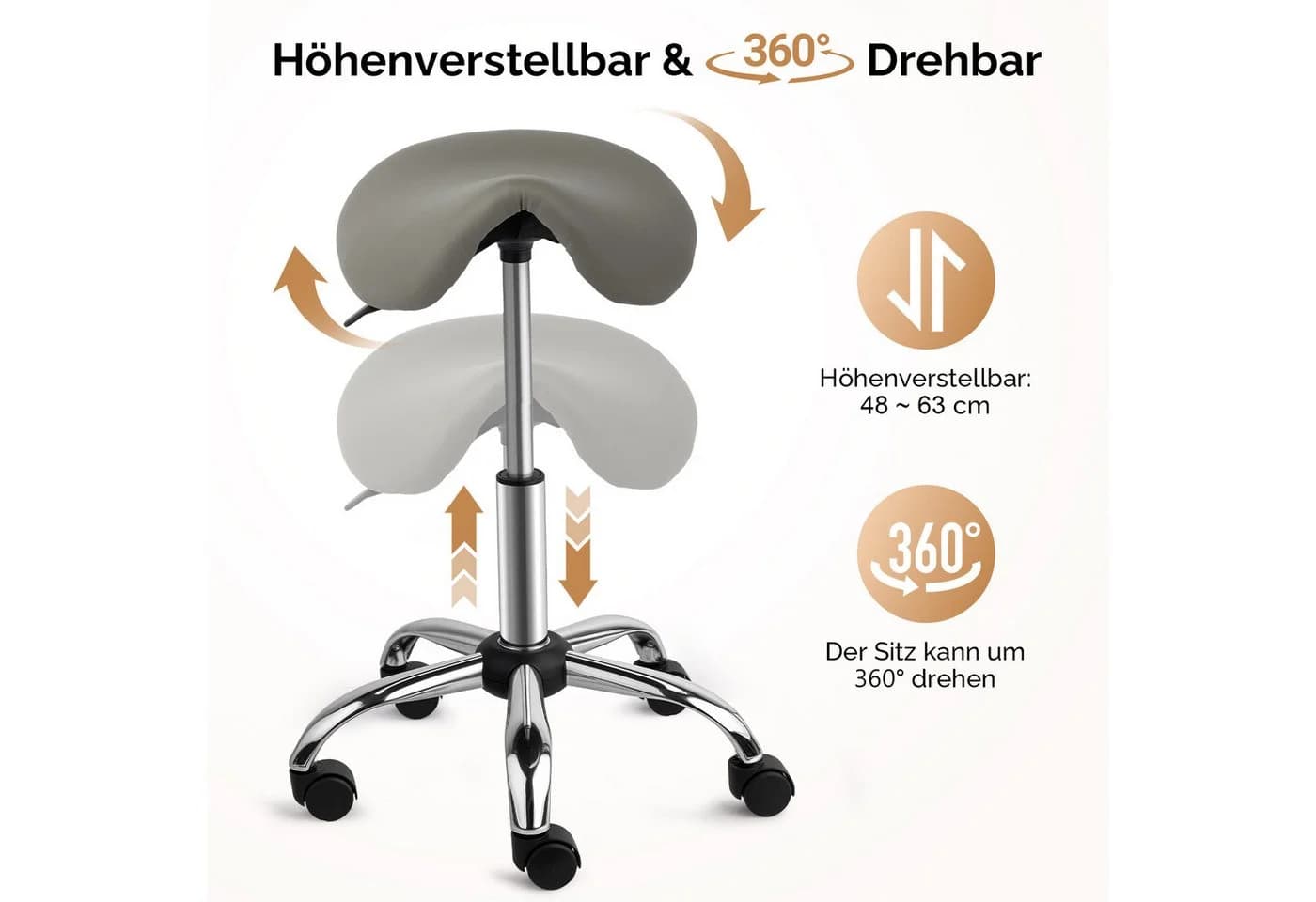 VINGLI Drehhocker Sattelhocker Grau höhenverstellbar mit Rollen - Bild 4