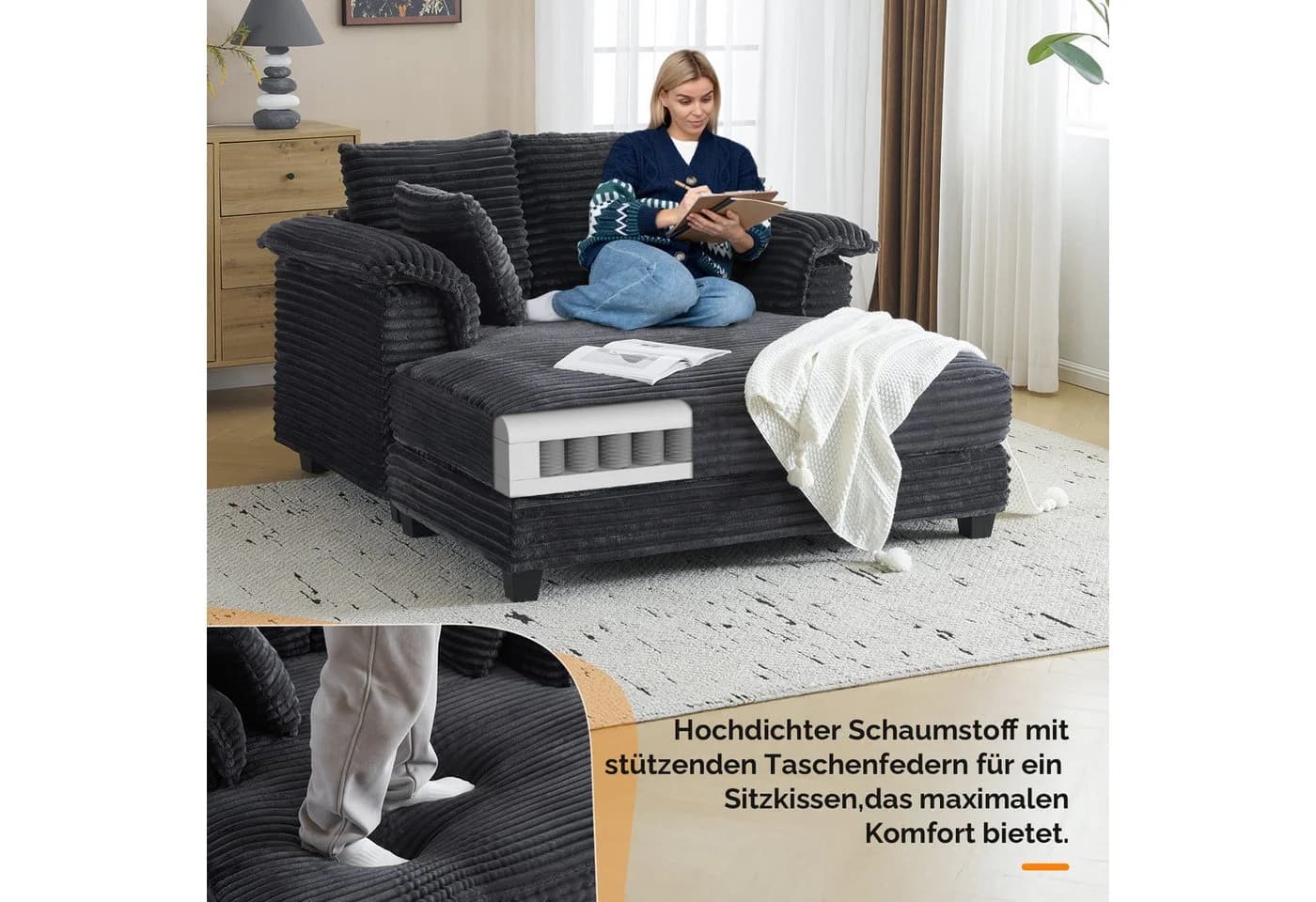 VINGLI Chaiselongue Schlafsofa 2-Sitzer Cord Dunkelgrau - Bild 3