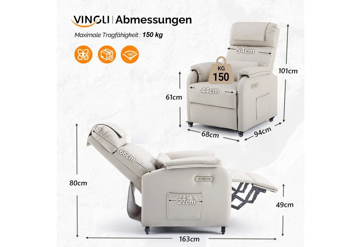 VINGLI Relaxsessel Fernsehsessel Beige Massage & Wärmefunktion