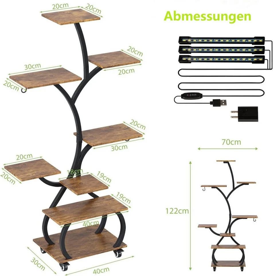 VINGLI Blumenständer mit LED-Lampen Schwarz Holz Metall