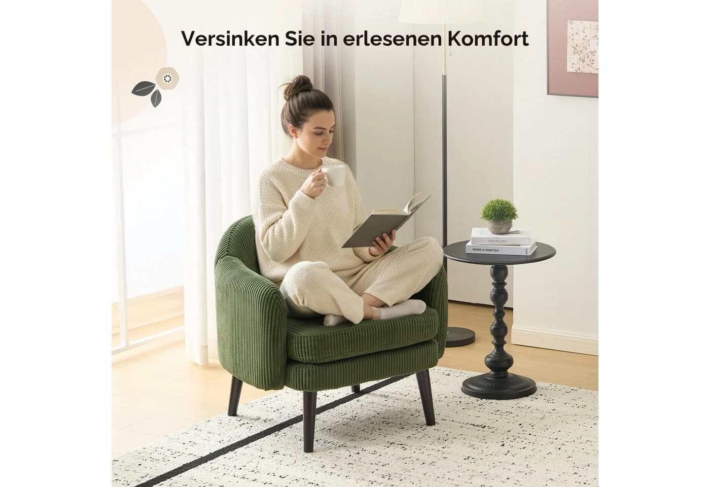 VINGLI Ohrensessel Cocktailsessel Cord Grün Holzbeine - Bild 5