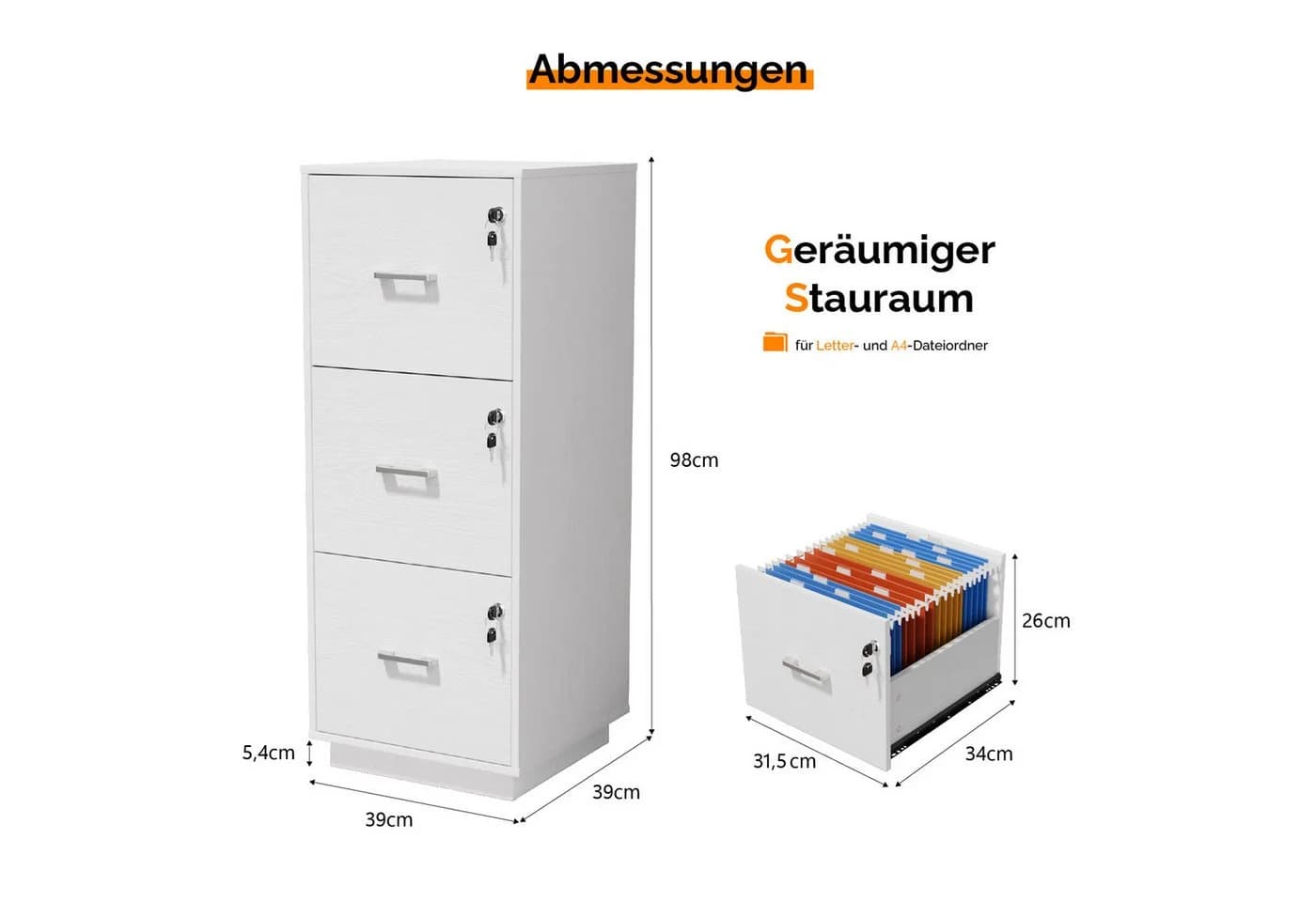 VINGLI Aktenschrank 3 Schubladen Schwarz/Weiß abschließbar