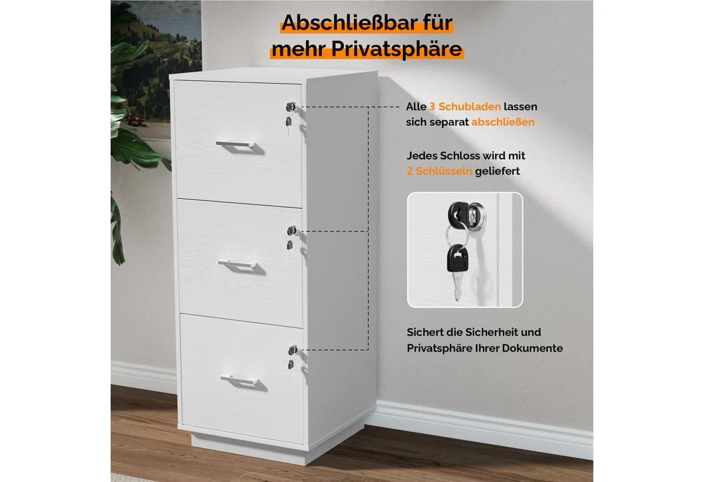 VINGLI Aktenschrank 3 Schubladen Schwarz/Weiß abschließbar - Bild 5
