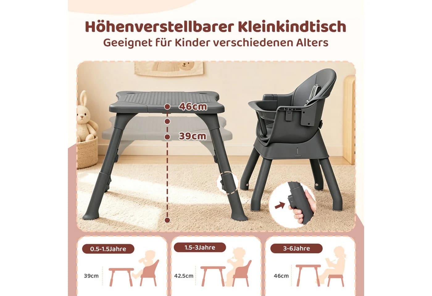 VINGLI Hochstuhl Baby 9 in 1 Grau Rosa 5-Punkt-Gurt - Bild 4