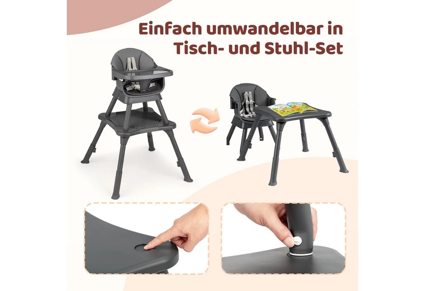VINGLI Hochstuhl Baby 9 in 1 Grau Rosa 5-Punkt-Gurt - Bild 5