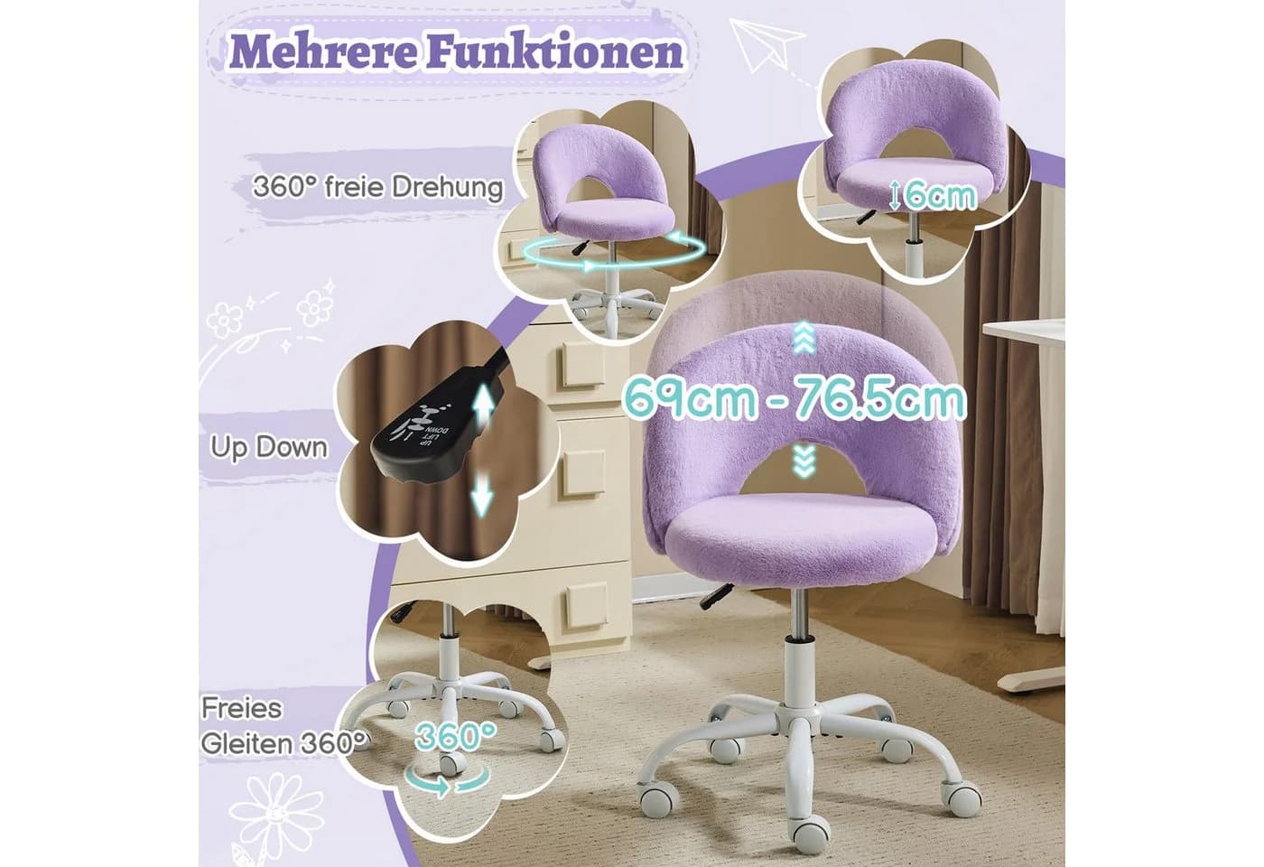 VINGLI Drehstuhl Violett Kunstkaninchenfell höhenverstellbar - Bild 3