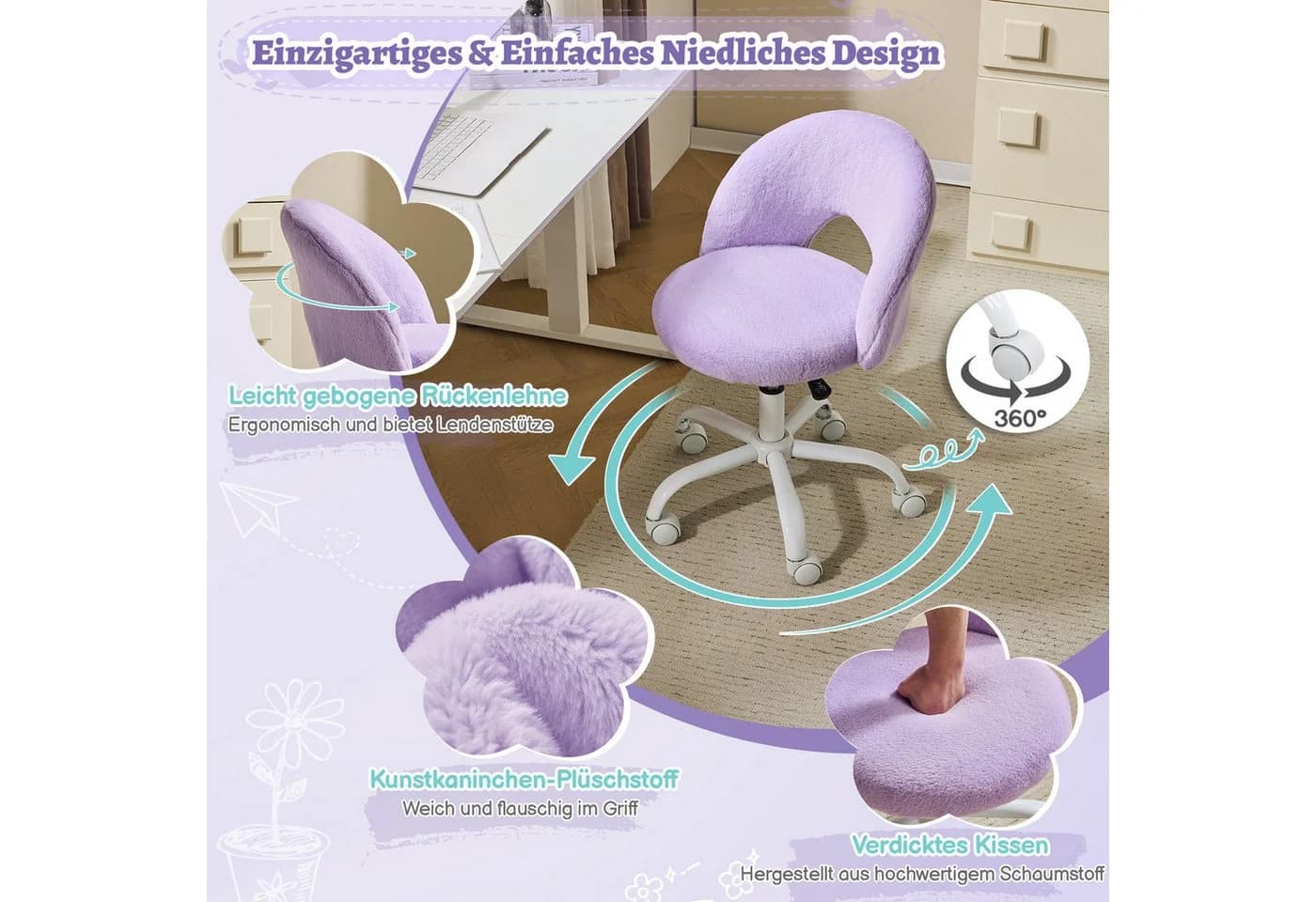 VINGLI Drehstuhl Violett Kunstkaninchenfell höhenverstellbar - Bild 4