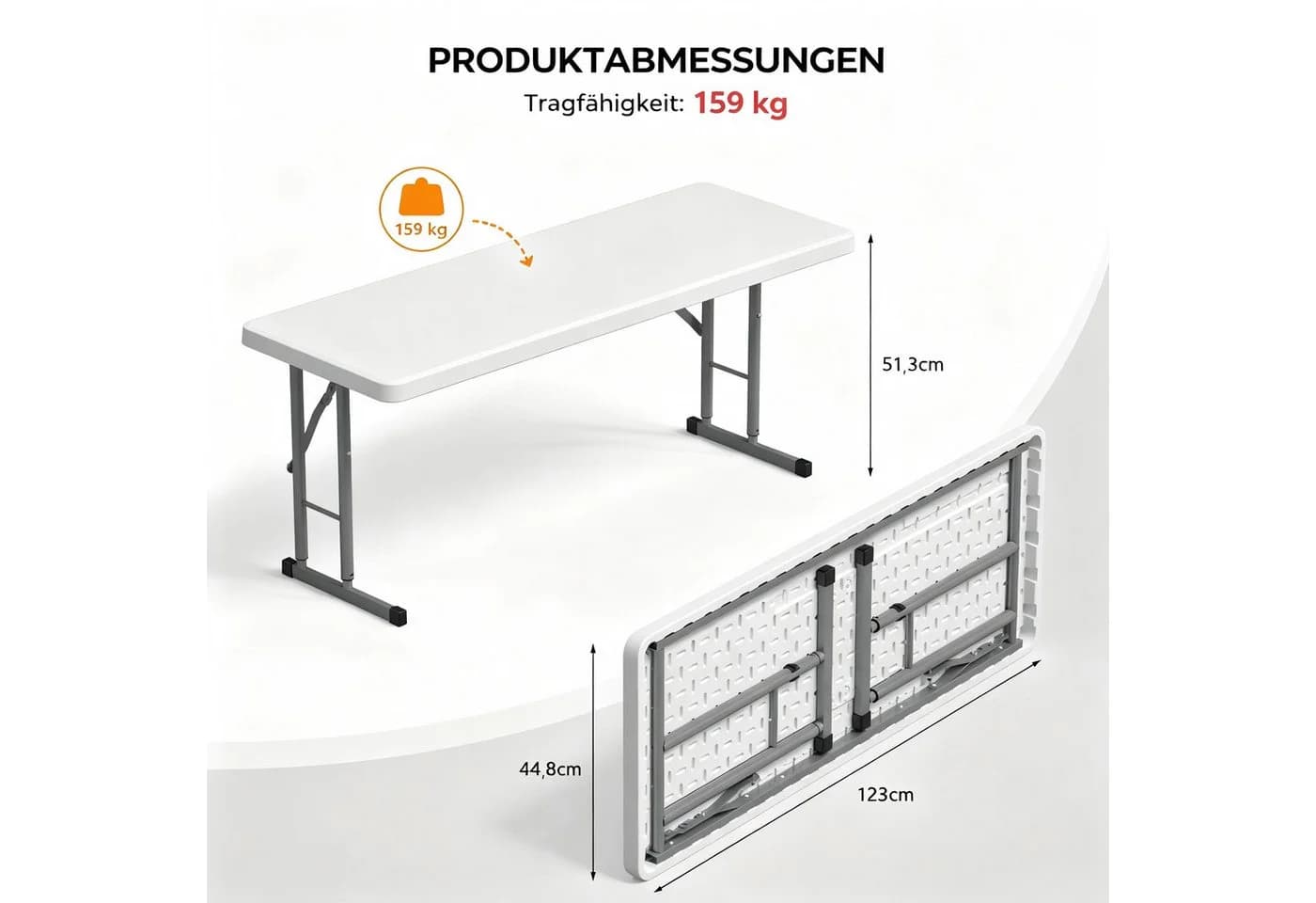 VINGLI Campingtisch Klappbar aus Kunststoff & Metall, Weiß/Schwarz