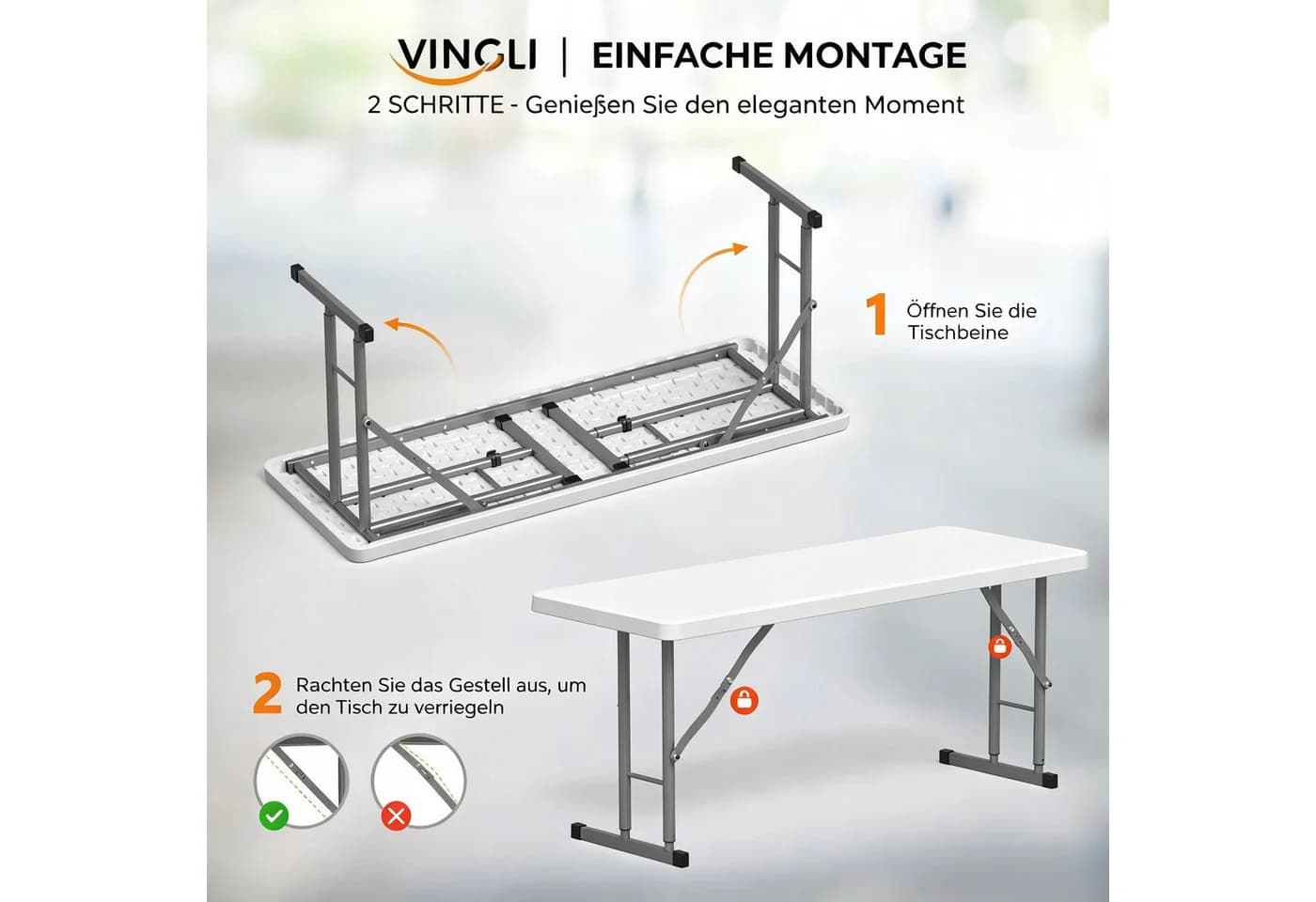 VINGLI Campingtisch Klappbar aus Kunststoff & Metall, Weiß/Schwarz - Bild 3