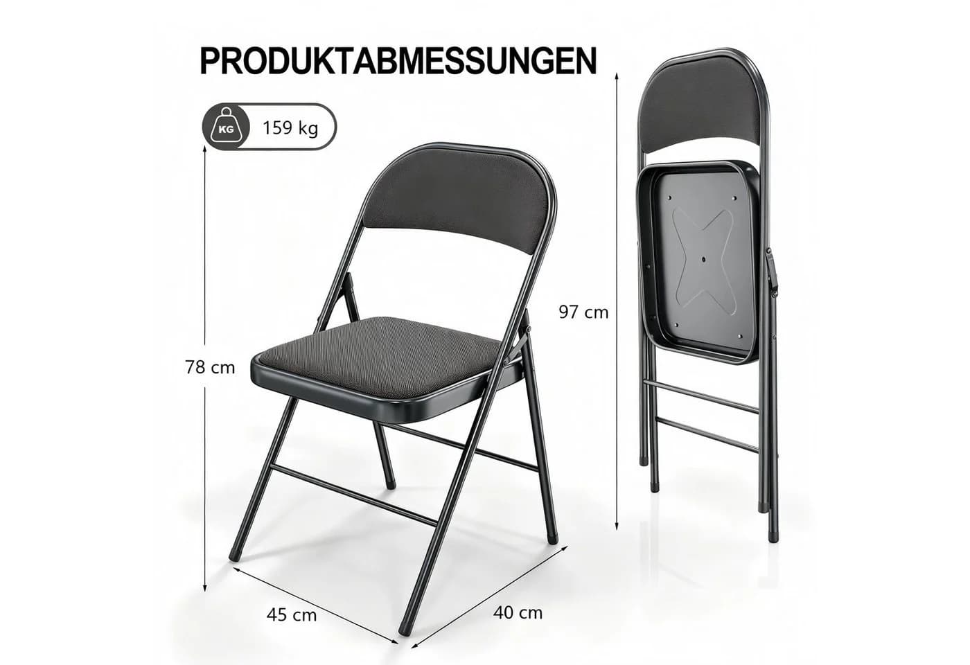VINGLI Klappstuhl Set Gepolstert Stahl & Stoff Grau/Schwarz