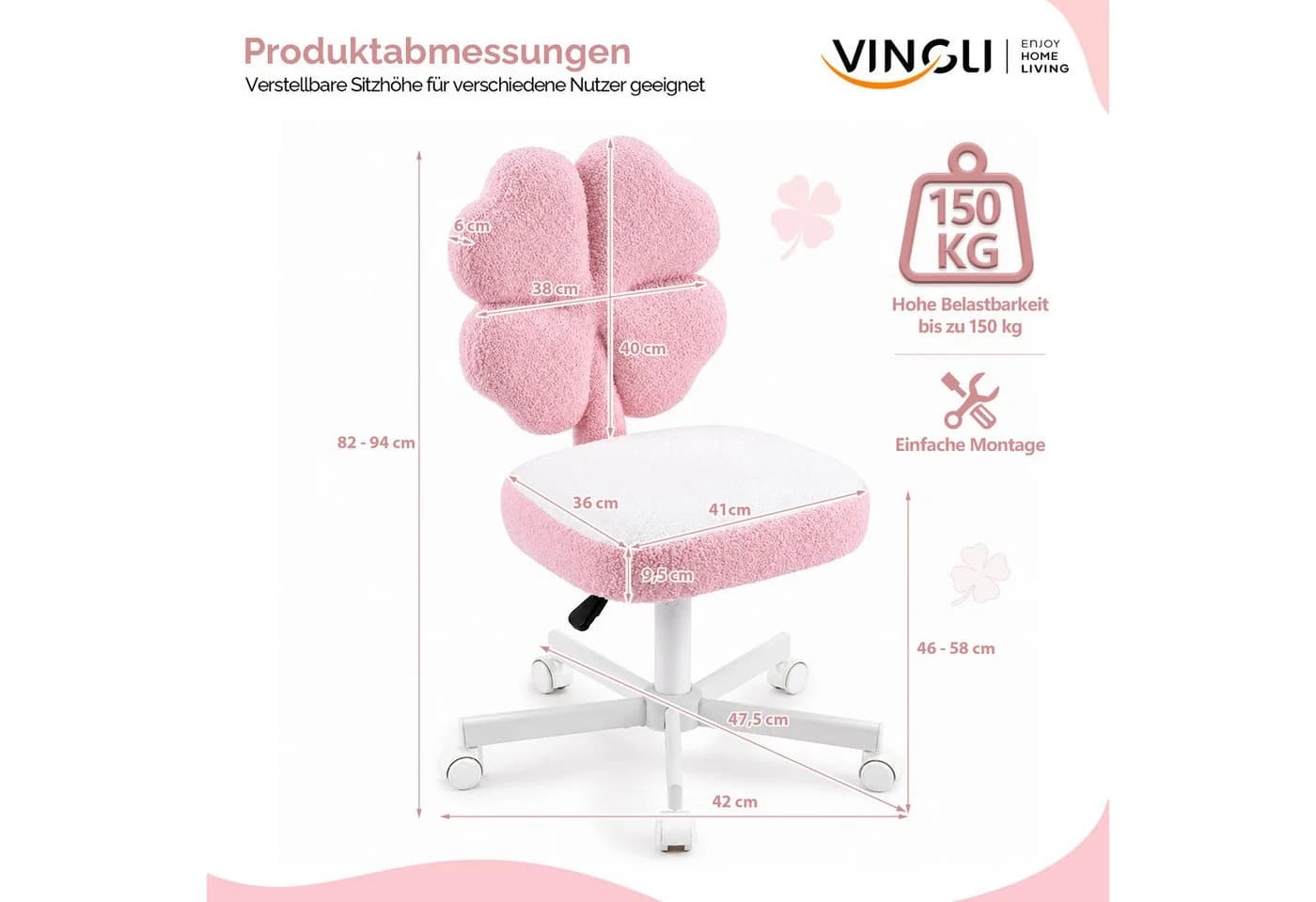 VINGLI Bürostuhl Kleeblattform Rosa Teddyfleece höhenverstellbar - Bild 3