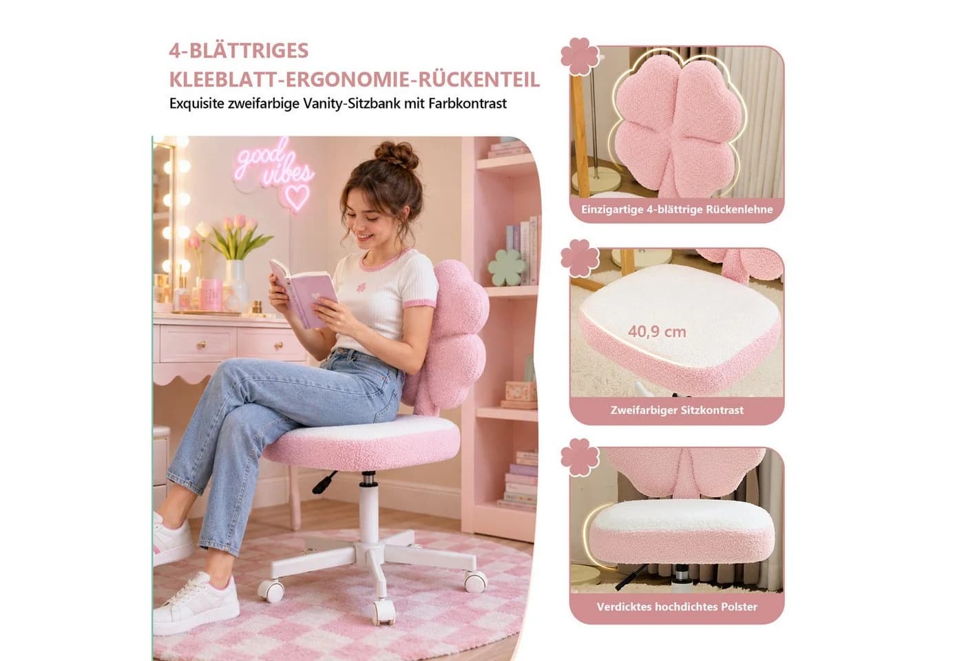 VINGLI Bürostuhl Kleeblattform Rosa Teddyfleece höhenverstellbar - Bild 4