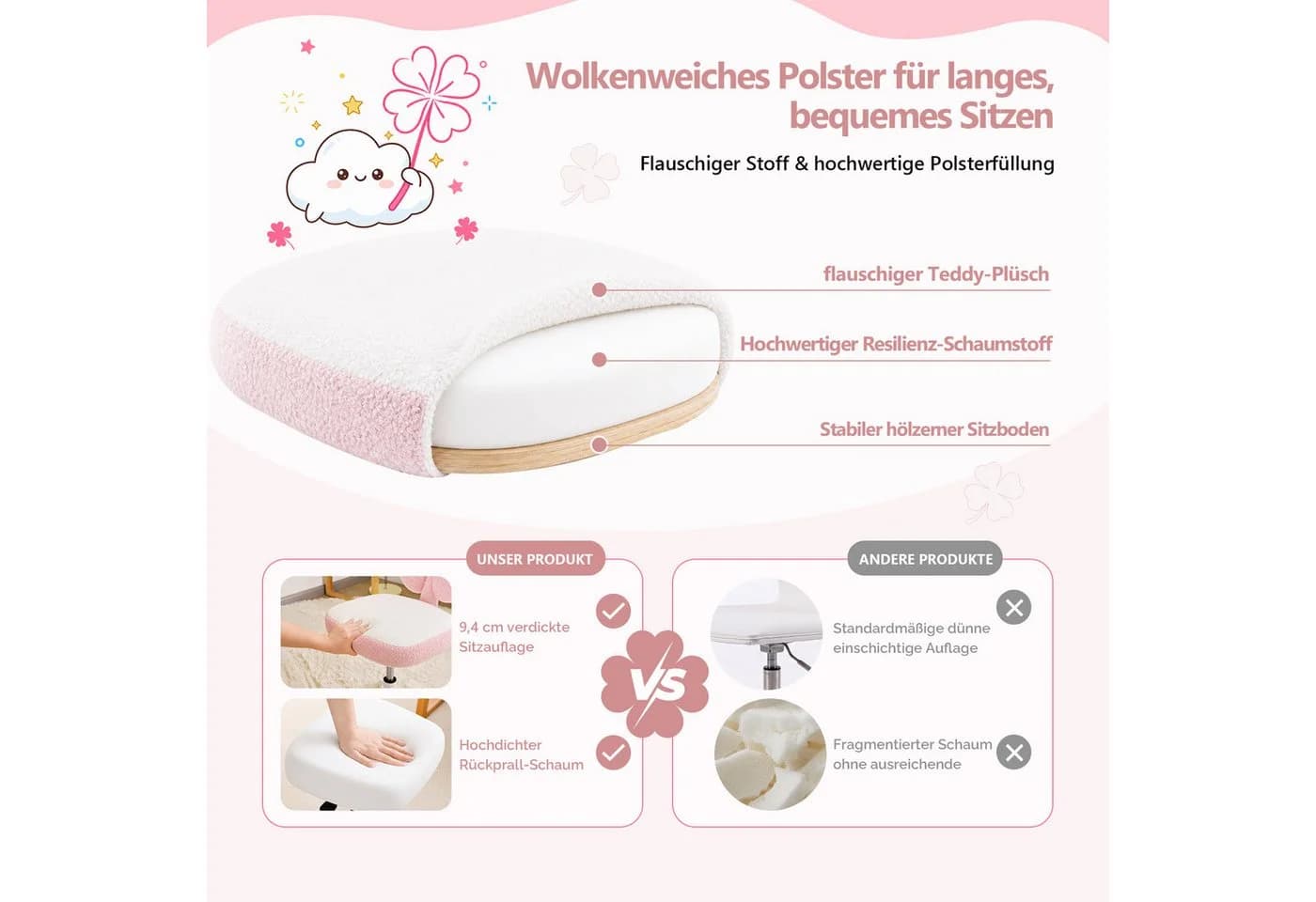 VINGLI Bürostuhl Kleeblattform Rosa Teddyfleece höhenverstellbar - Bild 5